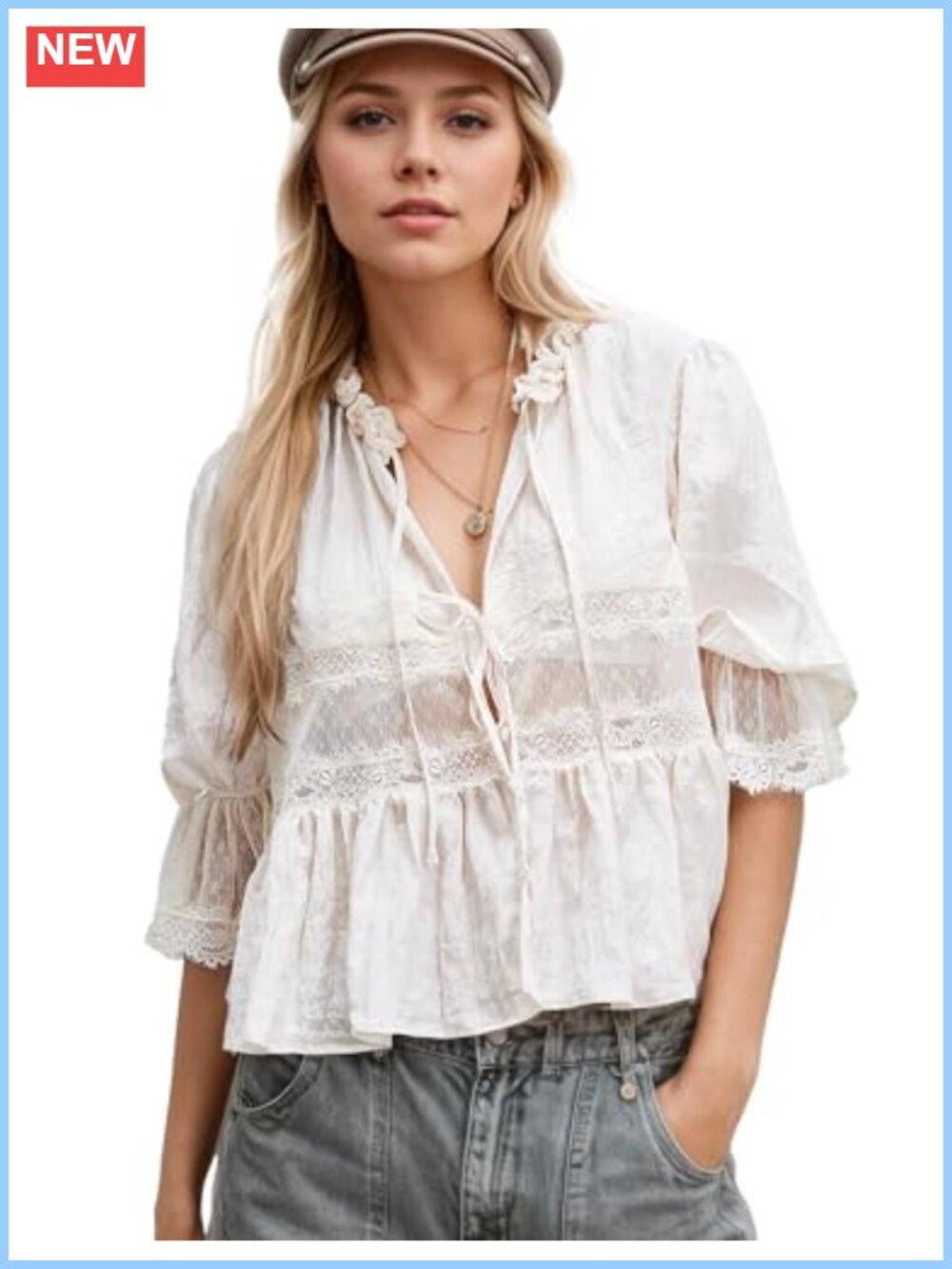 Sheer Lace Tie Front Peasant Blouse Ruffle Boho Crop Top Y2K